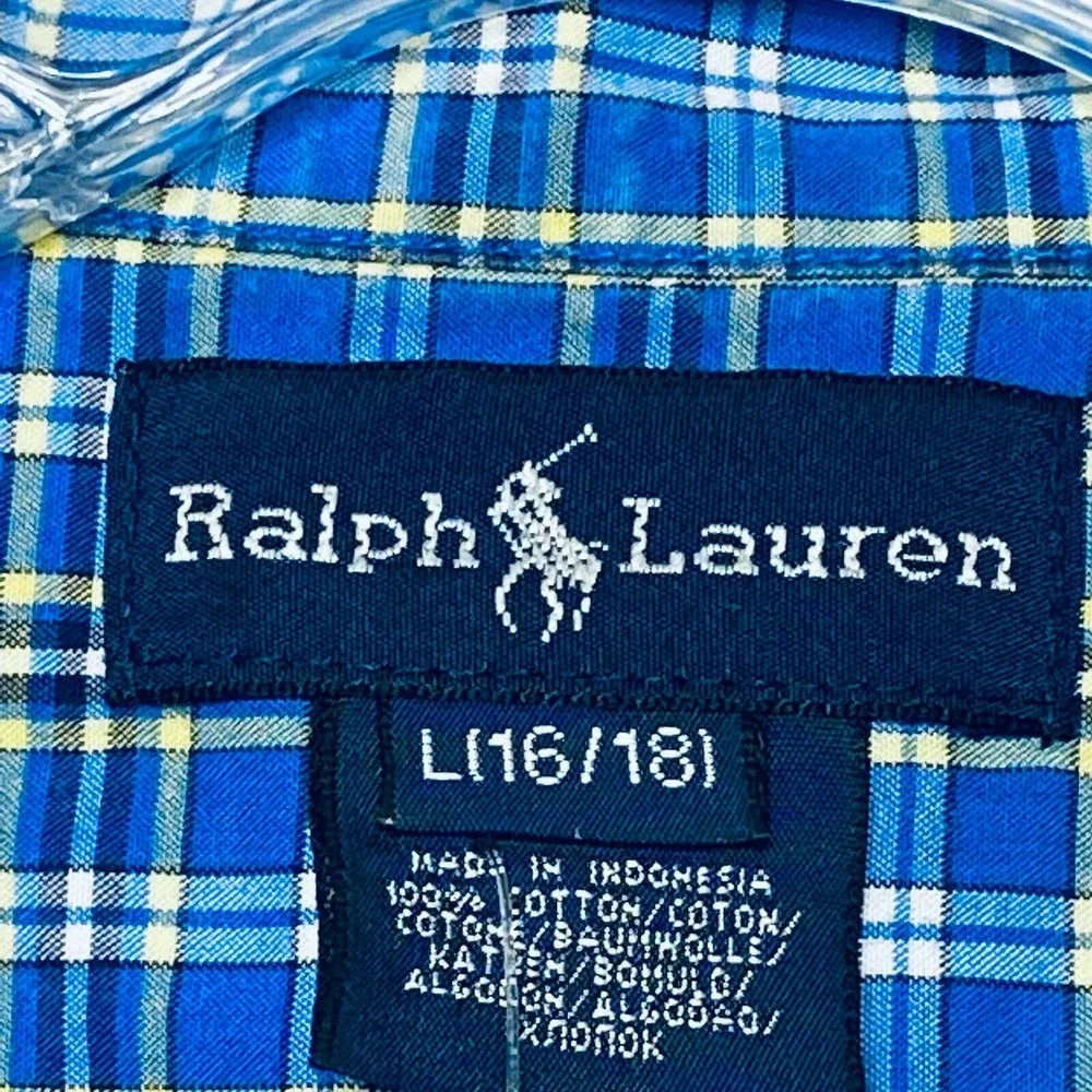 Ralph‎ Lauren Boy's Oxford Shirt Blue Plaid Collared Long Sleeve Size Large